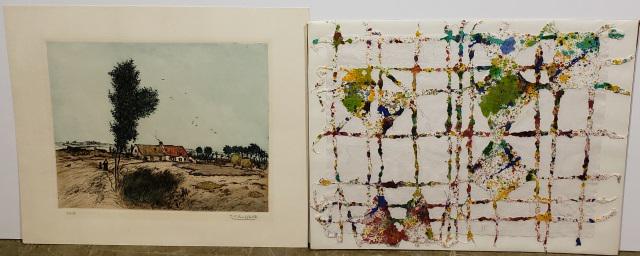 *2 UNFRAMED PIECES: Cottage landscape by Jean Raffaelli, aquatint etching, approximately 21" x 25", and "Hsokhso" by William Weege, mixed media collage, signed and dated 1979 lower right, 19" x 25".