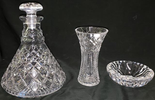 *3 PIECES OF GLASS: Waterford ash receiver, approximate diameter 5", , and vase, 6". along with an Avon ship decanter, 9 1/4"