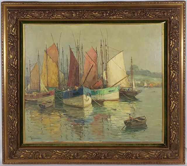 *ANDRE BERRONNEAU OIL PAINTING: Andre Berronneau (1886-1973 French), impressionist harbor scene, framed oil on canvas, signed lower left, titled on verso, approximately 24" x 28", with frame 34" x 37".