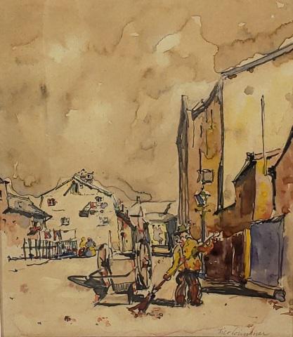 *THEO WIMMER WATERCOLOR PAINTING: Theo Wimmer (Early 20th C. German School), impressionist-style street scene, framed watercolor, signed lower right, approximately 7 3/8" x 6 1/2", with frame 13" x 10".
