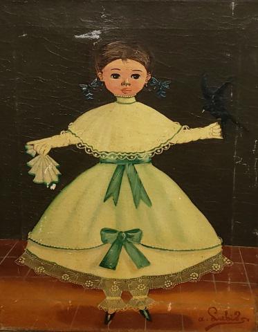 *AGAPITO LABIOS ANTIQUE OIL PAINTING: Agapito Labios (1898-1996 Mexican), portrait of girl with bird, unframed oil on canvas, signed lower right, approximately 16 5/8" x 12 3/4".