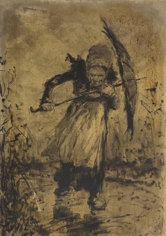 *UNKNOWN ARTIST ANTIQUE OIL PAINTING: Unknown Artist (19th C. American School), Dutch woman with umbrella, unframed oil on George Finkenaur's Sons & Company canvas, approximately 9" x 7".