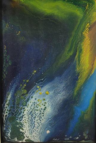 *HANSEN ACRYLIC PAINTING: Hansen (Mid-20th C. American), abstract, "More Sea Creatures & Sunlight", framed acrylic on board, signed bottom center, approximately 18" x 12", with frame 19" x 13".