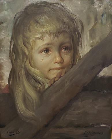 FRANCISCO MASSERIA ORIGINAL OIL PAINTING: Francisco Masseria (1926-2002 Argentinian), portrait of crying child, framed oil on canvas, signed lower right, signed and dated 1966 on verso, approximately 20" x 16", with frame 27" x 23".