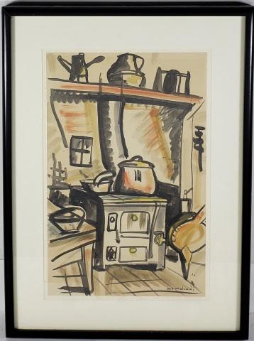 GIO COLUCCI ORIGINAL WATERCOLOR PAINTING: Gio Colucci (1892-1974 Italian), interior scene with stove, framed watercolor, signed lower right, approximately 20" x 14", with frame 27" x 19 1/2", originally from the Nathan Cummings Collection/Sar