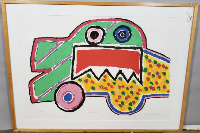 *JOSE GUIMARAES ORIGINAL SERIGRAPH: Jose Guimaraes (1939- Portuguese), "L'Automobile", framed serigraph on Fabriano-watermarked paper, signed and dated 1987 lower right, numbered from edition of 99 lower left, approximately 27" x 39", w