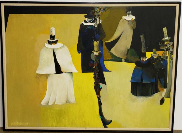 RONALD MARKMAN ORIGINAL OIL PAINTING: Ronald Markman (1931-2017 American), "The Entertainets", framed oil tempra on canvas, signed and dated 1958 lower left, titled and dated on verso, approximately 49" x 64", with frame 52 1/2" x 68 1/2"