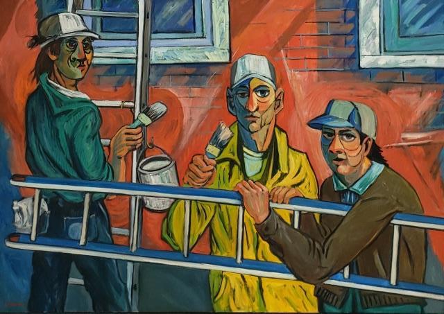 *WILL LAMM ORIGINAL OIL PAINTING: Will Lamm (1917-2006 American), "Painters", framed oil on canvas, signed lower left, titled on verso, approximately 40" x 56", with frame 42" x 58".