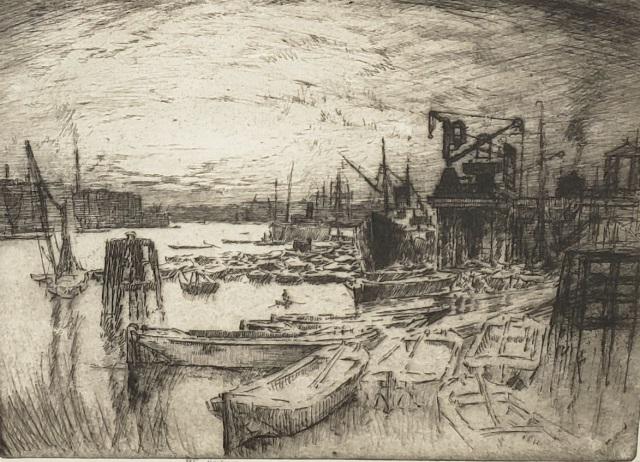 *JOSEPH PENNELL ANTIQUE ETCHING: Joseph Pennell (1860-1926 American), boats in harbor, framed etching, signed bottom center, approximately 8 5/8" x 10 3/4", with frame 16 1/2" x 18 1/2".