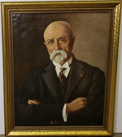 *F. SINDELAR ORIGINAL ANTIQUE OIL PAINTING: F. Sindelar (Early 20th C. Czech), "Portrait of the President of the Czechoslovakia Republic T.G. Masaryk", framed oil painting, signed lower right, title, signed and dated 1934 on verso, approximatel