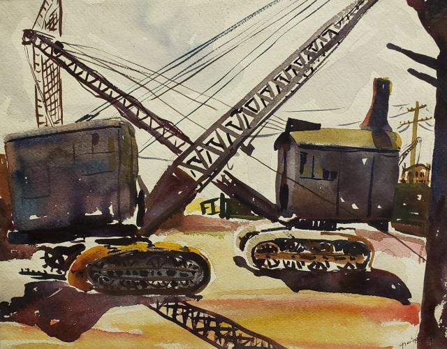 *GRACE SPONGBERG ORIGINAL WATERCOLOR PAINTING: Grace Spongberg (1906-1992 American), construction site, framed watercolor, signed and dated 1934 lower right, approximately 13 1/2" x 17", with frame 17 1/2" x 21".