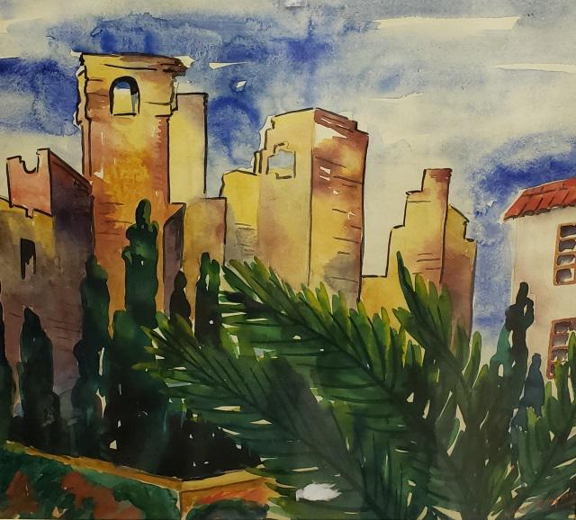 *GRACE SPONGBERG ORIGINAL WATERCOLOR PAINTING: Grace Spongberg (1906-1992 American), Mexican architecture, unframed and matted watercolor, signed lower right, approximately 18" x 19 3/4".