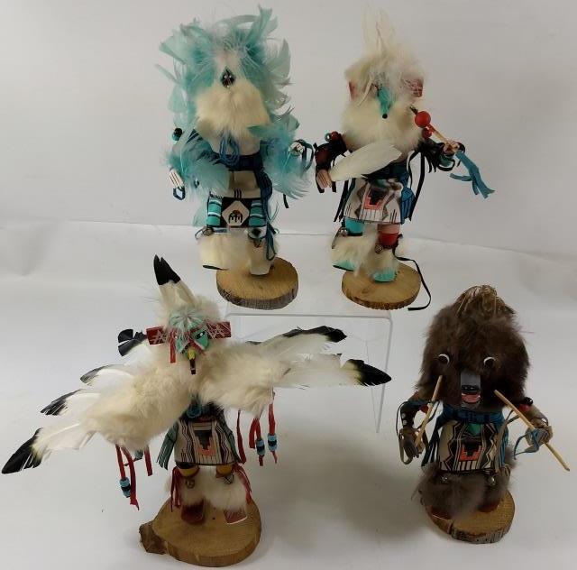 *4 S.V. YOUNG KACHINA DOLLS: Wolf Man, dated 1992, snow kachina, 1993, Chasing Star, 1992, and Kwa kachina (Eagle), 1994, tallest approximately 12".