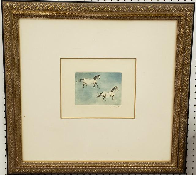 *KAIKO MOTI ORIGINAL ETCHING: Kaiko Moti (1921-1989 Indian), horses, framed aquatint etching, signed lower right, approximately 5" x 7", with frame 26" x 27".