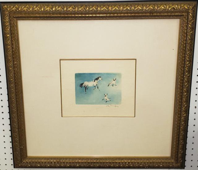 *KAIKO MOTI ORIGINAL ETCHING: Kaiko Moti (1921-1989 Indian), cats and horse, framed aquatint etching on Japon paper, signed, approximately 5" x 7", with frame 26 1/2" x 27 1/2".