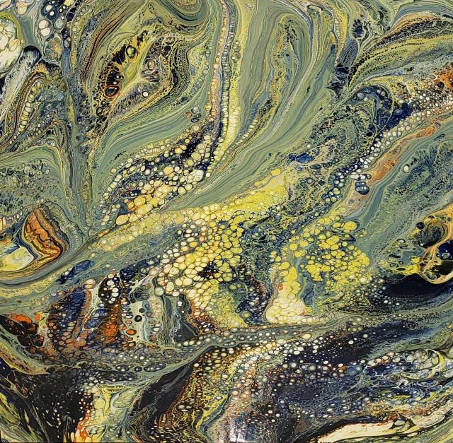 *RICHARD MANN ORIGINAL ACRYLIC PAINTING: Richard Mann (Late 20th C. American), abstract, polished acrylic on masonite board, signed bottom center, approximately 24" x 24", with frame 25 1/2" x 25 1/2".