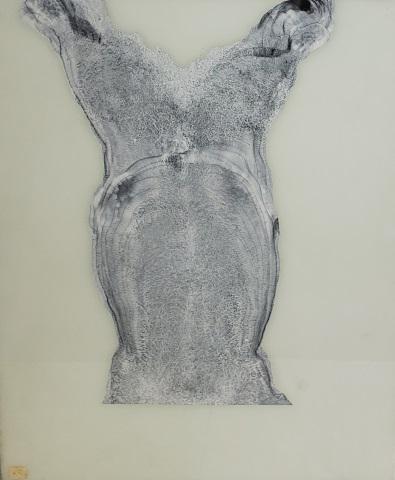 *JOSEPH BERNARD ORIGINAL WORK ON GLASS: Joseph Bernard (Mid-20th C. American), "Delta", framed painting on glass, signed and dated 1976 on verso, approximately 30" x 23", with frame 30 1/2" x 24 1/2".