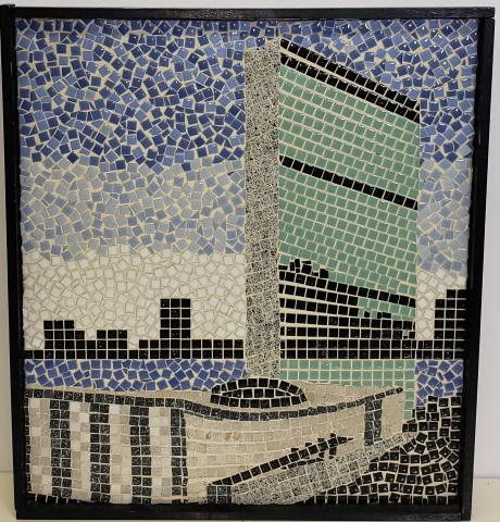 *LARRY ORIGINAL CERAMIC INLAID TILE: Larry (Mid-20th C. American), The United Nations Buildings in NYC., framed inlaid tile-work mounted to plywood panel, signed indistinctly on verso, approximately 22 1/2" x 20", with frame 23 1/2" x 20