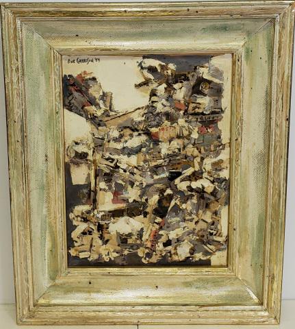 *EVE GARRISON MID-CENTURY MODERN PAINTING: Eve Garrison (1903-2003 American), geometric abstract, framed mixed media consisting of paper collage strips and oil paints on board, signed and dated 1959 upper left, approximately 16" x 12", with fr