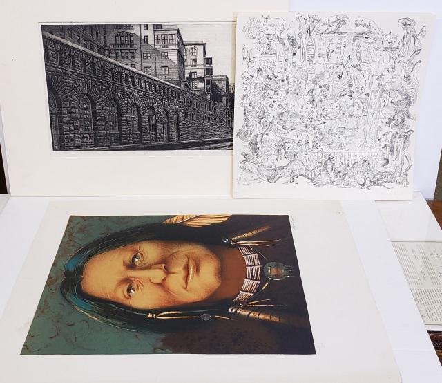 *4 UNFRAMED PRINTS: 2 etchings by Bernard Schultz depicting figural scenes, approximately 20 1/2" x 20", etching of Rockefeller University and FDR Drive by Richard Han, 13 1/2" x 20", and lithograph by Wayne Cooper, 30"