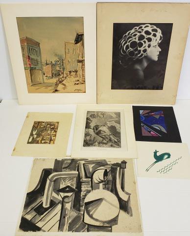 *7 UNFRAMED PIECES: Watercolor by YH Kim, unknown artist etching of street scene, antique photograph of woman, vintage restrike of etching by Max Klinger, serigraph on board by E. Nats of deer, abstract drawing by Aschba