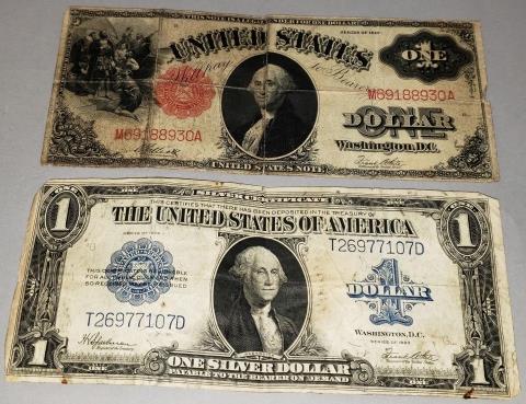 2 LARGE $1 BILLS: 1 silver dollar dated 1923 and United States note dated 1917.