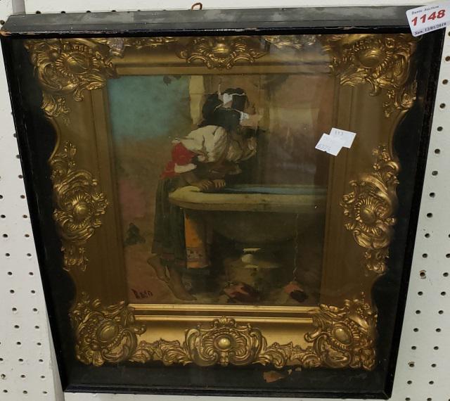 SHADOW BOX FRAME: Decorated with print of peasant girl at well.