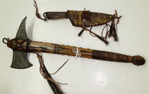 2 PIECES: Primitive axe and knife in sheath.