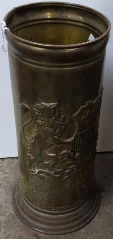 COPPER CANE STAND: Decorated with heraldic lions, approximate height 19".