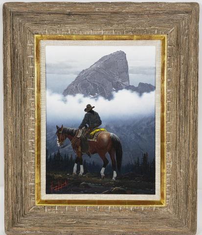 *GEORGE DEE SMITH OIL PAINTING: George Dee Smith (1944- American), "Cowboy in the Wind Rivers", framed oil on panel, signed lower left, signed, titled, and dated on verso, approximately 16" x 12", with frame 24" x 20".