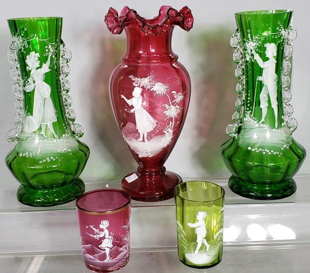 *5 PIECES OF MARY GREGORY STYLE ART GLASS: Pair of green vases with applied handles and figural decoration, approximate height 10", cranberry glass vase with ruffled rim and figural decoration, height 10 1/2", and 2 tumblers, 1 cranberry and 1