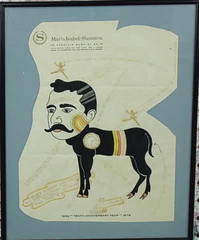 *PEDRO FRIEDEBERG ORIGINAL MIXED MEDIA PIECE: Pedro Friedeberg (1937- Mexican/American), "Unself Portrait", framed mixed media on Maria Isabel Sheraton Hotel stationary with ink, pencil, watercolor, and ink stamps, ca. 1972, signed with ink stamp