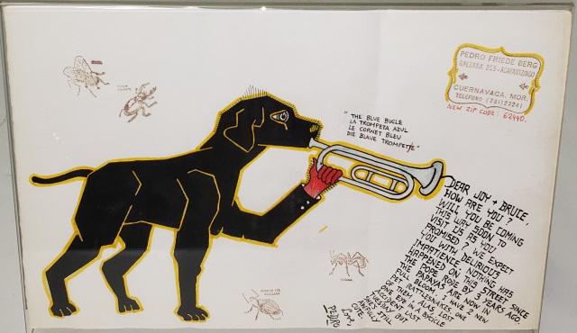 *PEDRO FRIEDEBERG ORIGINAL MIXED MEDIA PIECE: Pedro Friedeberg (1937- Mexican/American), "The Blue Bugle", framed mixed media on Fabriano paper with ink, watercolor, and ink stamps, signed and dedicated to previous owner lower right, approximatel