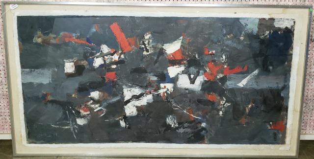 *JOHN VON WICHT ORIGINAL OIL PAINTING: John von Wicht (1888-1970 American), "Emergence", framed oil on paper mounted to cloth board backer, signed lower left, approximately 71" x 37", with frame 76" x 41", deaccessioned from Wichita State 