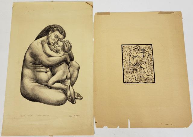 *2 EDGAR BRITTON WORKS: Edgar Britton (1901-1982 American), unframed lithograph depicting mother and child, approximately 17 1/4" x 11", and unframed block linocut print depicting bather, 15" x 12".