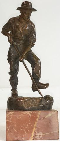*JEAN GARNIER BRONZE SCULPTURE: Jean Garnier (1853-1910 French), "The Gardener"/"Farmer", bronze sculpture on square marble base, signed J. Garnier, has foundry mark "Vray Bronze Garanti Paris", approximate height 8 3/4", height wit