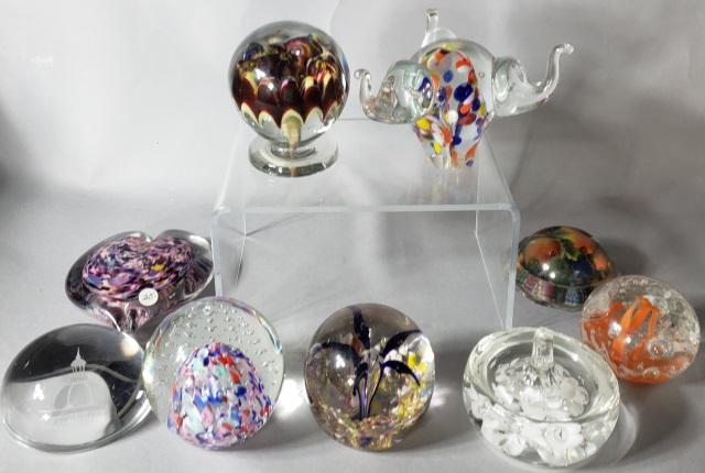 *9 ART GLASS PAPERWEIGHTS: Including flat paperweight marked "Johns Hopkins", ring holder paperweight marked "Joe Rice 1993", large heart-form paperweight signed indistinctly, others bear no visible signature.