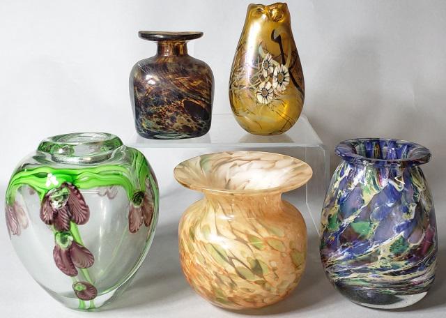 *5 ART GLASS VASES: Purple vase signed indistinctly, thin amber vase signed "Hat", square vase signed "Mdina", other vases bearing no visible signature, tallest piece approximately 5 1/4".