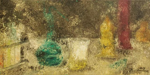 *JEFF JACOBSON ORIGINAL OIL PAINTING: Jeff Jacobson (Mid-20th C. American), still life with bottles on table, framed oil on stretched canvas mounted to plywood panel, signed lower right, approximately 14" x 28", with panel 17" x 34".