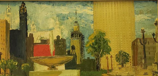 *ROBERT LOWELL MAKINSON ORIGINAL OIL PAINTING: Robert Lowell Makinson (20th C. American), "Park View", framed oil on board, signed lower right, signed, titled, and dated 1959 on verso, approximately 12" x 24", with frame 14 1/2" x 26 1/2".