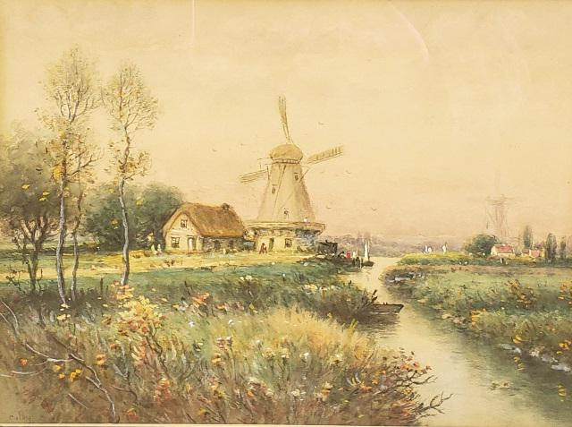 *COLBY WATERCOLOR AND GOUACHE PAINTING: Possibly George Ernest Colby (19th C. American), Dutch windmills, framed watercolor and gouache, signed lower left, approximately 9" x 11 1/2", with frame 12" x 15".