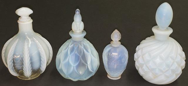 *4 ART GLASS PERFUMES: 3 marked "Sabino, France", other has no visible signature, tallest piece approximately 5 3/4".