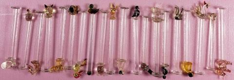 *20 HAND-BLOWN ART GLASS SWIZZLE STICKS: Including cat, seahorse, dog, etc.