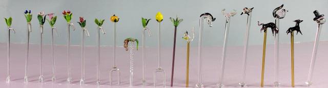 *20 HAND-BLOWN FIGURAL COCKTAIL PICKS AND FORKS: Including dog, squirrel, bull, etc.