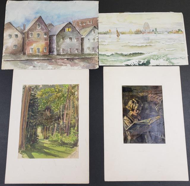 *4 UNFRAMED PIECES: 1 piece by Douglas depicting harbor scene, watercolor, 1 piece by Pliskovice depicting Czech forest scene, watercolor, dated 1946, 1 piece by Josef Kabat, block print with varnish, and 1 watercolor, l