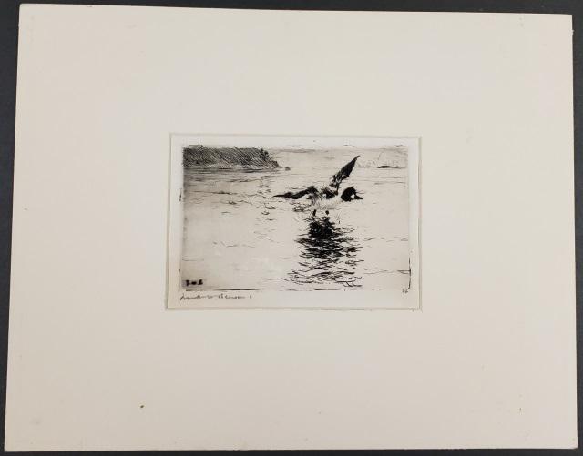 *FRANK BENSON ORIGINAL ETCHING: Frank Benson (1852-1951 American), duck in flight, etching on leaf-watermarked paper, signed in pencil lower left, having artist initials in plate, approximately 3 5/8" x 5 7/8", total paper size 8" x