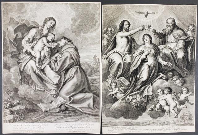*2 OLD MASTER ERA ENGRAVINGS: 1 depicting the crowning of the Virgin Mary, after Gerardus Segers, engraved by Jacobus Nefs, dated 1633, with 1 piece by Rousselet depicting the Virgin Mary and Jesus, each piece approximately 16 5/8