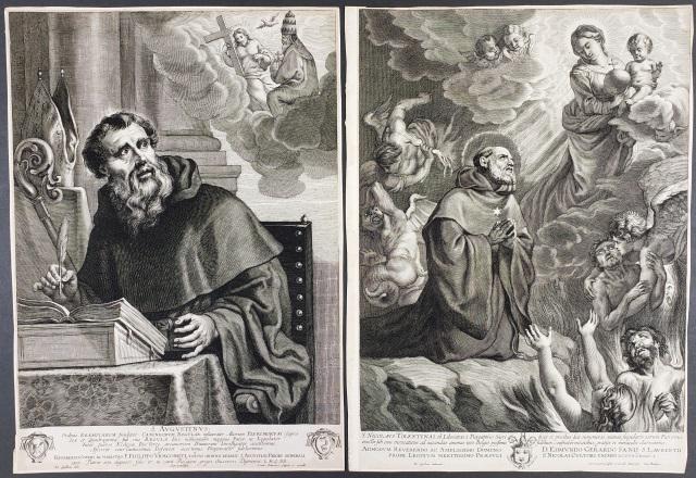 *2 OLD MASTER ERA ENGRAVINGS: Both engraved by Lauwers after painting by Erasmus Quellinus, 1 depicting St. Nicholas praying to the Virgin and Jesus, 1 depicting St. Augustus, artist name appearing in plate lower right, approximat