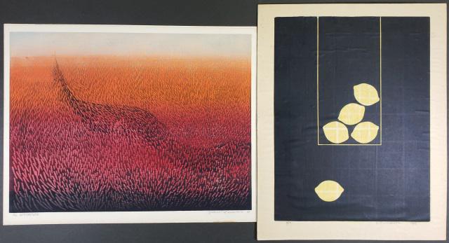 *2 UNFRAMED JAPANESE WOODBLOCK PRINTS: 1 depicting lemons by unknown artist, signed indistinctly and dated 1967 lower right, numbered from edition of 12 lower left, and 1 abstracted landscape by Yukio Hasumi, signed and dated 1968 lower le