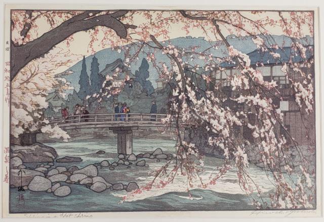 *HIROSHI YOSHIDA ORIGINAL WOODBLOCK PRINT: Hiroshi Yoshida (1876-1950 Japanese), "Spring in a Hot Spring", unframed colored woodblock print, signed in pencil and titled lower left, approximately 10 3/8" x 16", with mat 16" x 20".